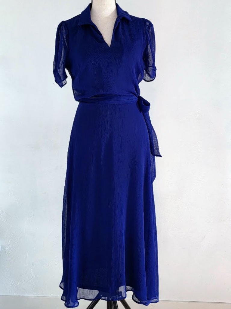 Dkny Royal Blue Crinkle Chiffon Tie-Waist Midi Dress - Size 2